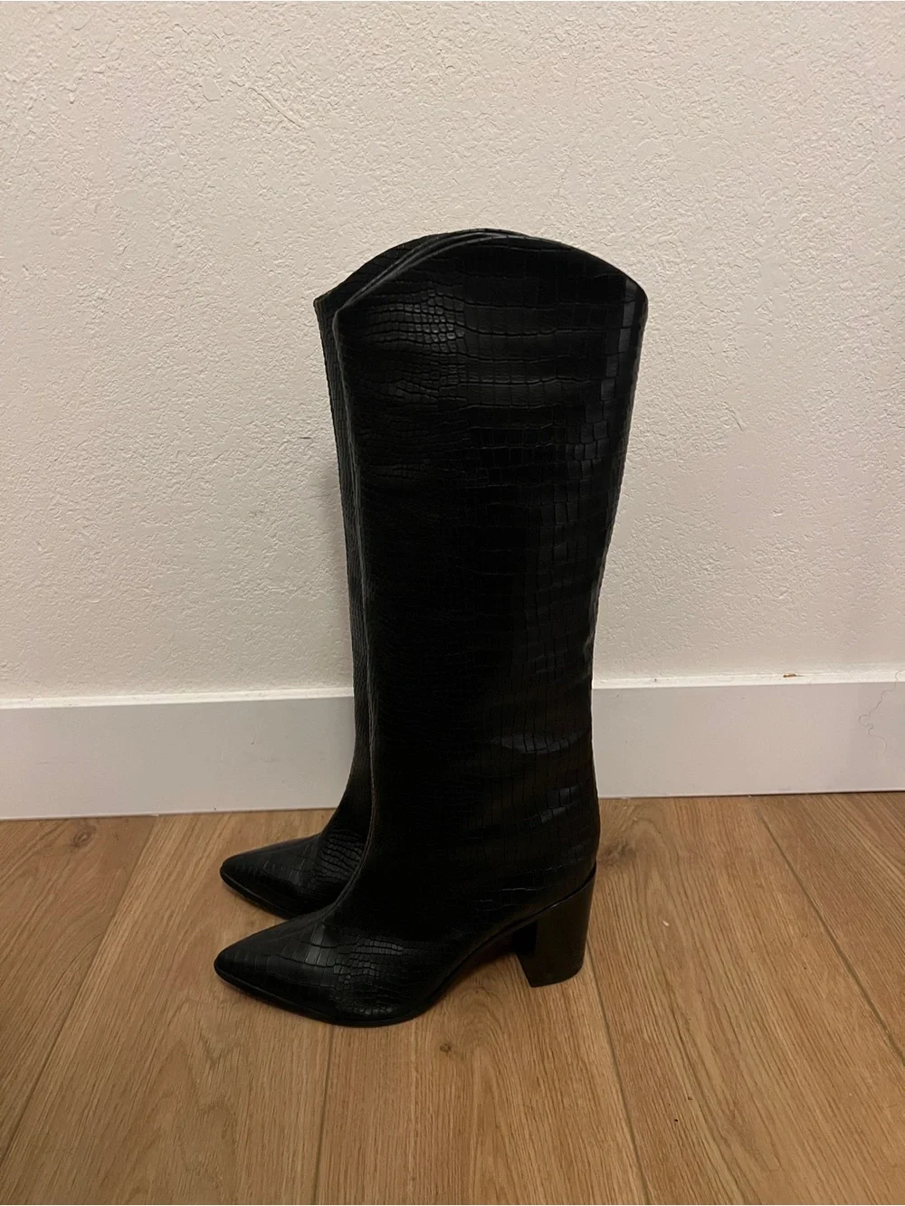 Schutz Black Croc-Embossed Knee Boots